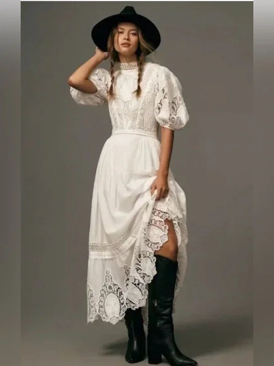 NEW | Forever That Girl Anthropologie Mock-Neck Lace Maxi Dress Sz: L Petite - Picture 1 of 14